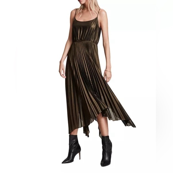 All Saints Dresses & Skirts - All Saints Lerin Pleated Metallic Maxi Dress, asymmetrical hem, Size Med, Y2K